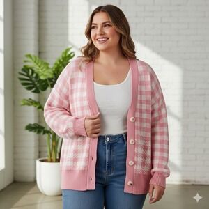 Stu Tunn'd Pink 1X Gingham & Houndstooth Cardigan Cozy Cottagecore Soft Girl